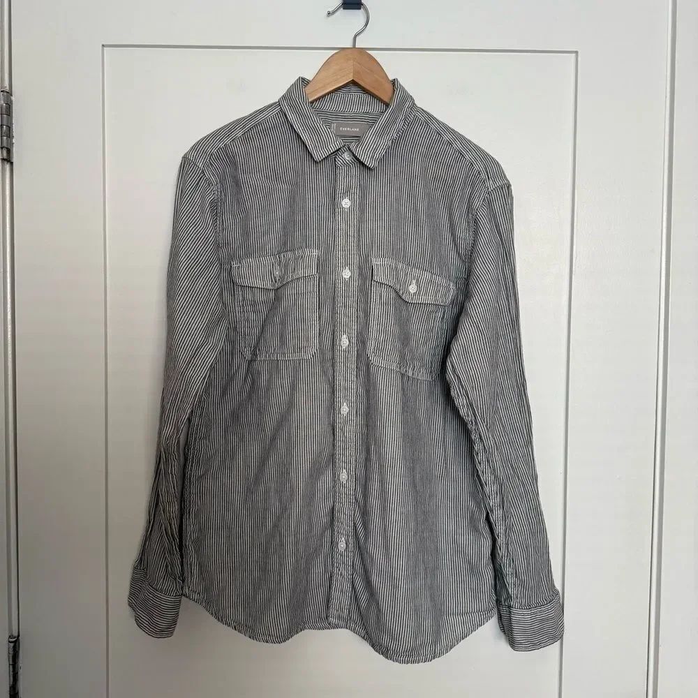 Everlane Shirt Mens Sz LβGray Striped Button Up Long Sleeve Pockets Casual